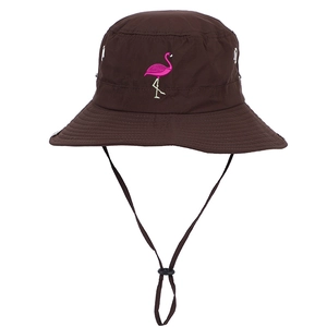 Dark brown wide brim sun hat featuring pink flamingo embroidery and adjustable chin strap
