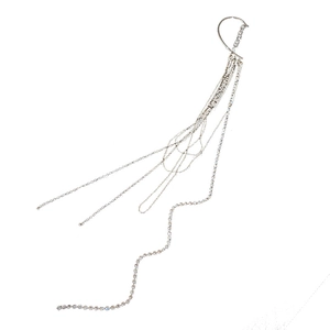 Silver long tassel ear cuff with pearls and rhinestones shown from a side profile