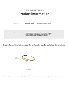 Detailed size specifications of the gold-plated star cuff with cubic zirconia stones