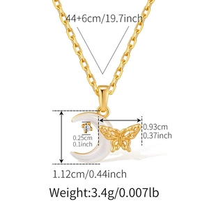Detailed size chart of gold butterfly and moon pendant necklace with zirconia stone
