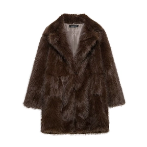 Manteau en fausse fourrure marron foncé pour femme avec col à revers et manches longues coupe mi-longue
