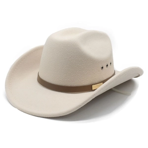 Classic cream felt western cowboy hat with brown leather band and golden buckle detail