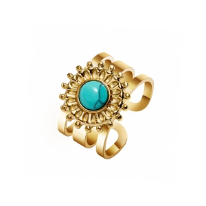 Gold-plated stainless steel ring featuring a sunburst turquoise stone on a triple band