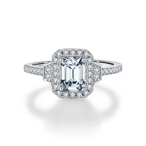 Luxurious S925 sterling silver ring with emerald cut moissanite and halo stones