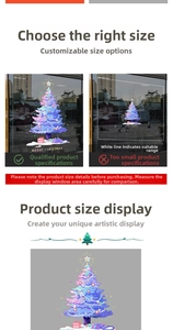 Detailed comparison showing different sizes of purple Christmas tree window stickers on glass
