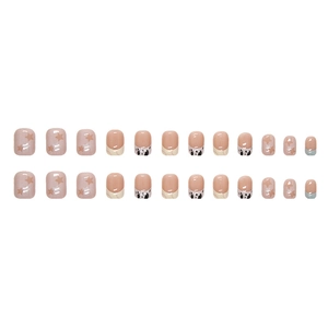 24pcs short square press-on nails with cow print, star patterns and French tip design
