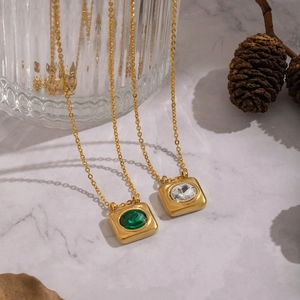 French retro 18K gold plated necklace with green and white oval crystal pendants