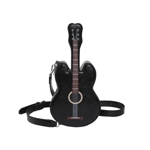 Fashionable guitar-shaped black PU leather crossbody bag with adjustable shoulder strap
