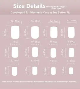 Detailed size chart for short square press on nails showing 12 different nail dimensions