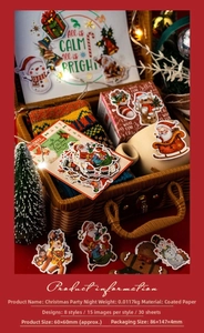 Detail of Christmas party stickers featuring Santa and reindeer in a vintage warm setting
