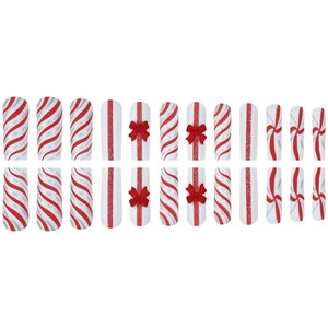Christmas press-on nails with red candy stripes, silver glitter, and 3D bow accents