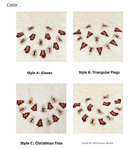 Detail of burlap and red plaid Christmas banners in glove, tree, and sock shapes