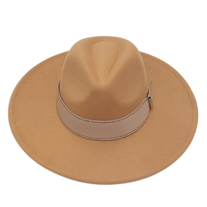Detail of camel wool fedora with wide brim and decorative leather belt with metal buckle