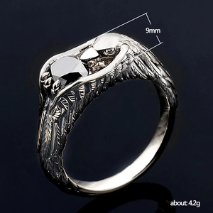 Vintage eagle ring for men with black faceted stone and oxidized silver finish