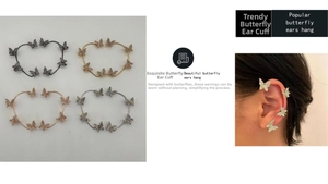 Detail view of non-pierced butterfly ear cuffs with zircon stones in four finishes