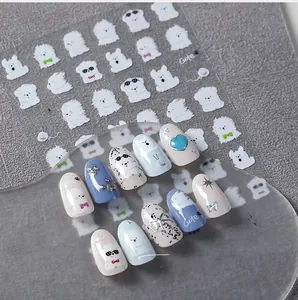Detail of 5D cartoon puppy nail stickers with white bichon dog and bowknot patterns