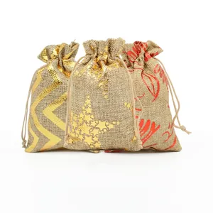 Burlap Drawstring Gift Bags Cotton Linen Pouches Gold Foil Stamped Christmas Patterns For Candy Packaging Holiday Wedding Favors