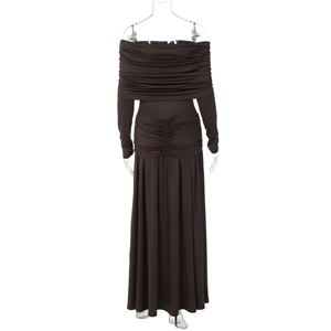 Detail of the elegant dark brown off-shoulder dress with intricate ruched fabric texture