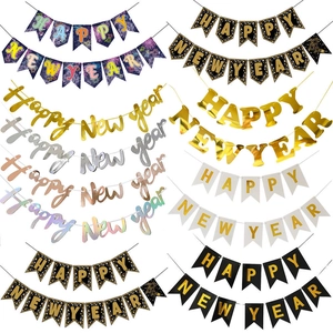 Happy New Year Banner Glitter Paper Garland Gold Foil Swallowtail Bunting For 2026 Party Eve Home Decor