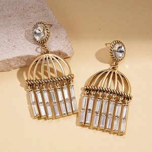 Vintage gold hollow cage drop earrings with zircon tassels and clear crystals for women