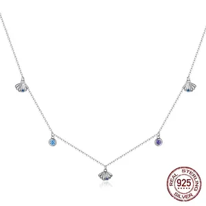925 Sterling Silver Shell Pendant Necklace For Women Colorful Zirconia Inlaid Minimalist Marine Style Adjustable Chain Jewelry