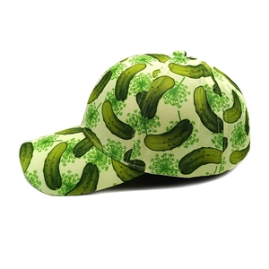 Beige baseball cap with all-over green pickle and dill flower print from a side view