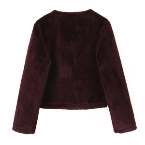 Back view of a burgundy faux fur jacket with ultra-soft fluffy texture and plush finish