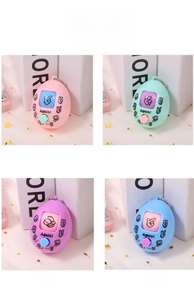 Mini rock-paper-scissors game keychains in pink, green, purple and blue egg shapes