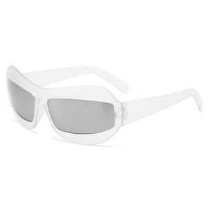 Futuristic shield sunglasses with translucent white frames and silver mirrored lenses