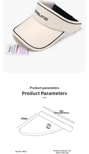 Detailed size parameters for beige UV sun visor hat with wide brim and adjustable strap