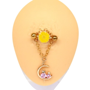 Golden nipple ring with daisy flower and pink zircon cat charms on chains