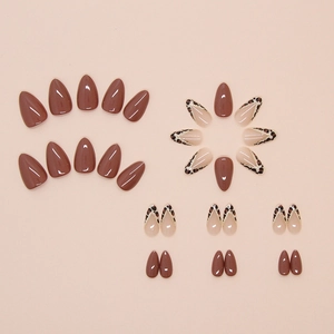 Press-on nails in mocha brown and leopard print v-shape French style long almond shape