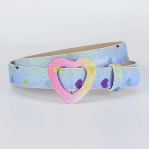 Girls' glitter belt with gradient heart buckle and colorful heart-printed pattern