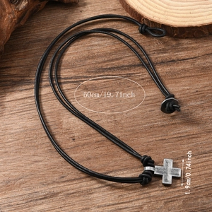 Detailed size view of the vintage alloy cross pendant with 50cm black leather cord necklace