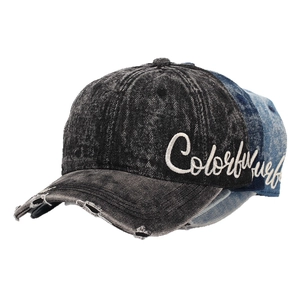 Retro distressed denim baseball cap with Colorful embroidery and frayed brim details