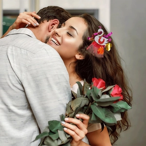 Swan hair clip with red tulle worn by woman holding roses in a romantic couple hug