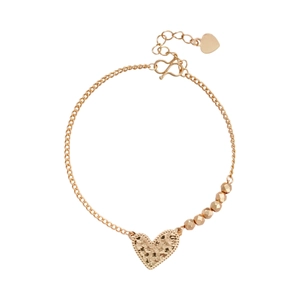 Gold heart pendant necklace with irregular hammered texture and metallic beads