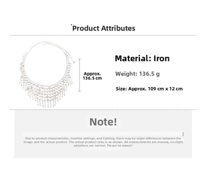 Detailed size specifications for a layered silver tassel waist chain made of iron