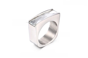 Detail shot of 8mm wide stainless steel ring with a large rectangular glass gemstone