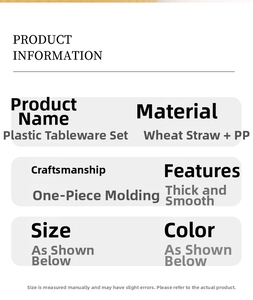 Specifications for wheat straw tableware set featuring dimensions and material details