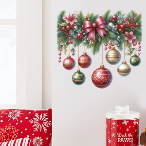 Sticker mural de Noël avec nœuds rouges branches de pin et boules décoratives colorées