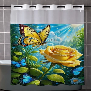 Detail of floral waffle shower curtain with yellow roses and blue butterflies pattern