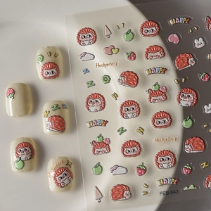 Detail view of 3D embossed hedgehog nail stickers with fruit and cloud patterns