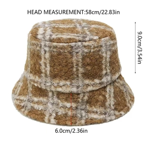 Detailed size chart for brown plaid teddy fleece bucket hat showing brim and crown dimensions