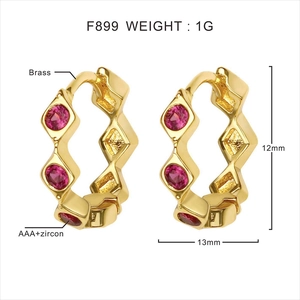 Detailed specifications of gold brass huggie hoop earrings with pink zircon