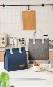 Detail of insulated lunch bag with waterproof fabric and Tasty Food leather label
