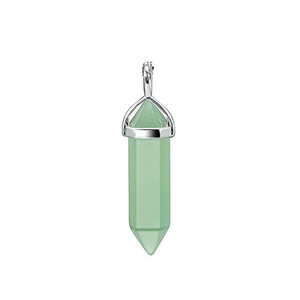 Macro shot of green hexagonal crystal pendant with polished silver metallic bail