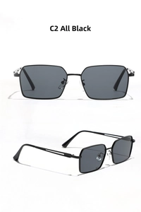 Front and side views of stylish all black square metal frame sunglasses with cutout temples