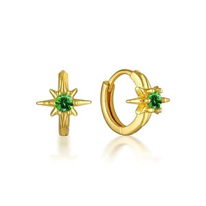 Luxurious S925 silver hoop earrings with gold star pendant and green zircon center