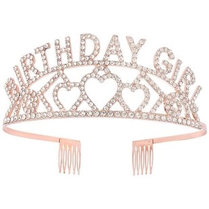 Close-up of rose gold birthday girl crown with rhinestones and side combs on white background